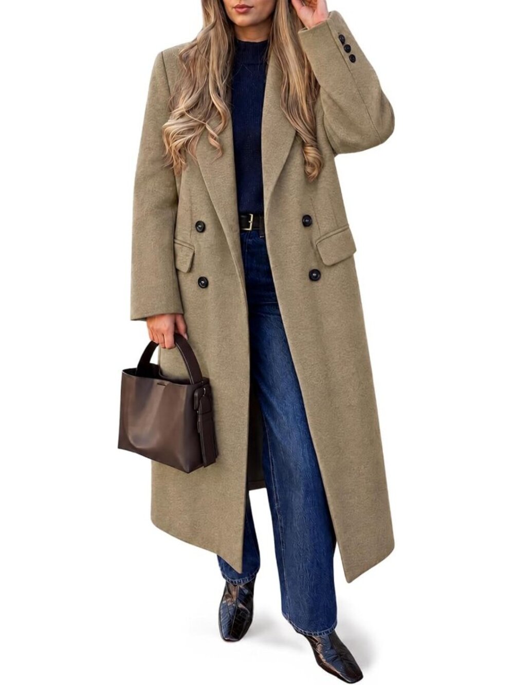 Chic Women's Long Double Breasted Peacoat with Lapel Collar - Stylish Work